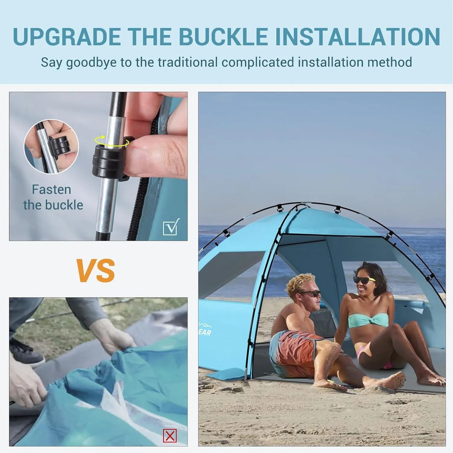 Elegear Beach Tent Sun Shelter with Canopy, 4-5 Person Pop Up Beach Tent, Easy Setup UPF 50  UV Protection Portable Lightweight Double Silver Coating Beach Cabana Sun Shade Shelter - Sky Blue
