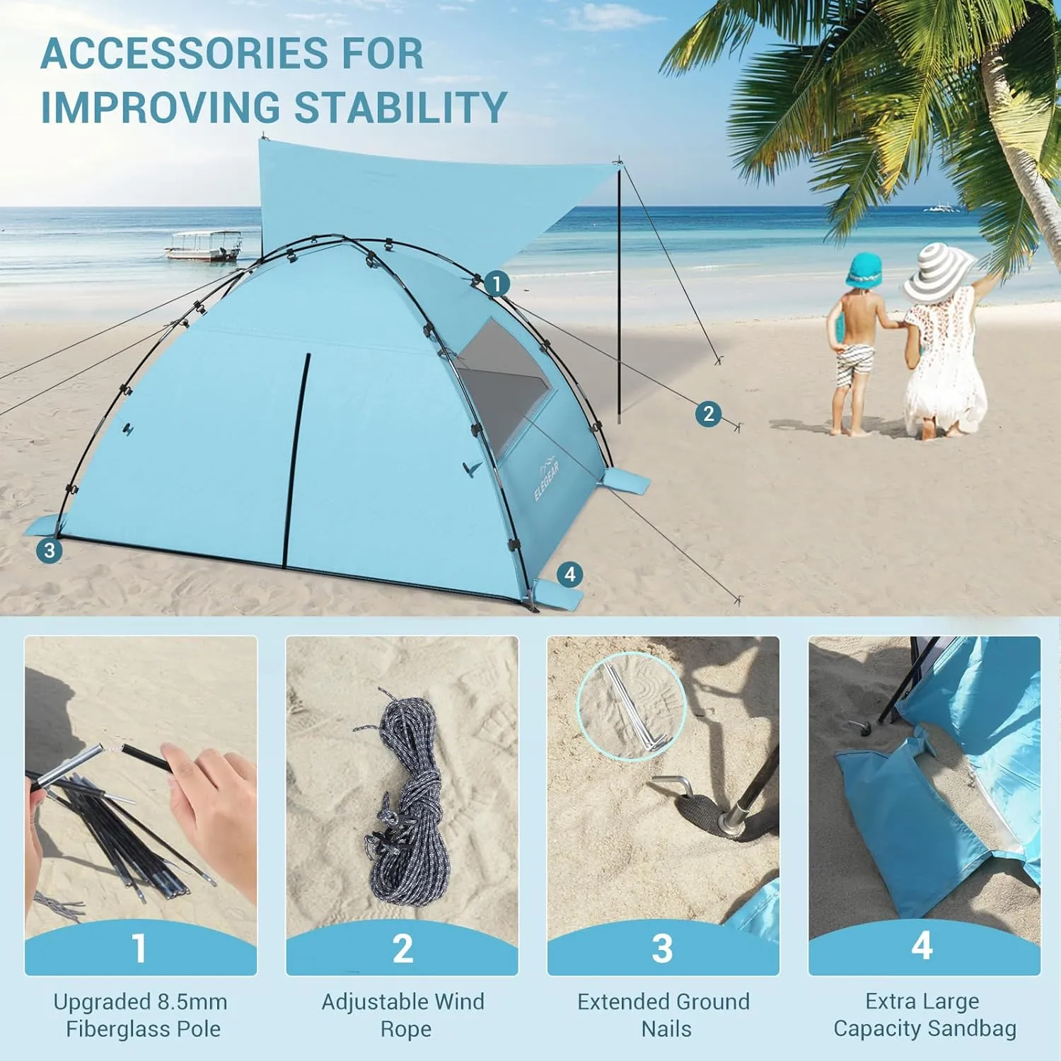 Elegear Beach Tent Sun Shelter with Canopy, 4-5 Person Pop Up Beach Tent, Easy Setup UPF 50  UV Protection Portable Lightweight Double Silver Coating Beach Cabana Sun Shade Shelter - Sky Blue
