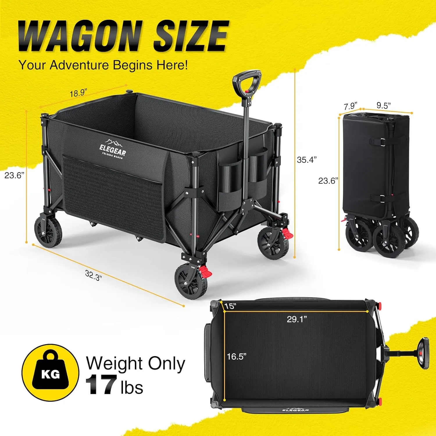 Elegear Wagon Cart Foldable Collapsible 150L 360LBS - Heavy Duty Large Capacity Utility Beach Wagon with 360° All-Terrain Wheels & Smallest Folding Design for Camping Garden Grocery Sports Shopping