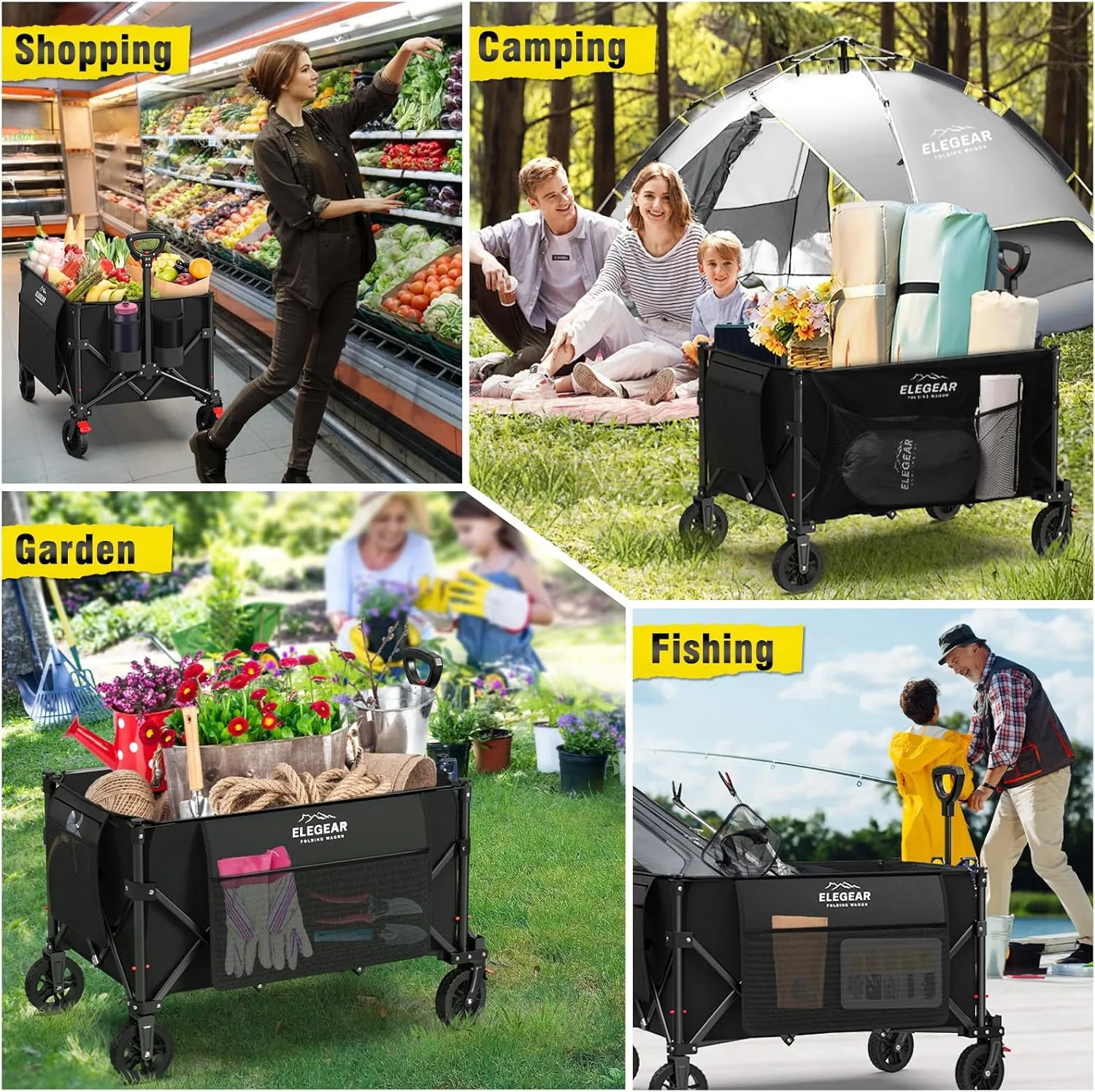 Elegear Wagon Cart Foldable Collapsible 150L 360LBS - Heavy Duty Large Capacity Utility Beach Wagon with 360° All-Terrain Wheels & Smallest Folding Design for Camping Garden Grocery Sports Shopping