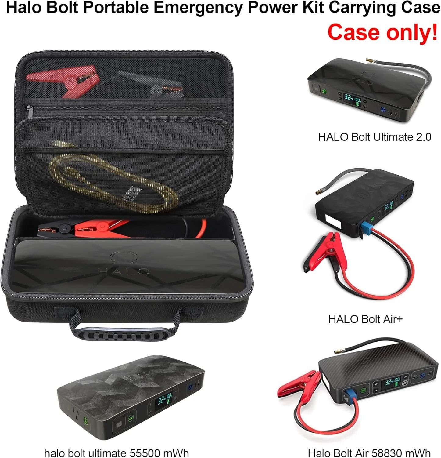 Elonbo Carrying Case for Halo Bolt Ultimate 2.0/ Halo Bolt Ultimate 3.0 Portable Car Battery Jump Starter/ 55500 mwh/Air 58830/ Air   55500/58830/ 44400/57720 Emergency Power Kit Holder, Black