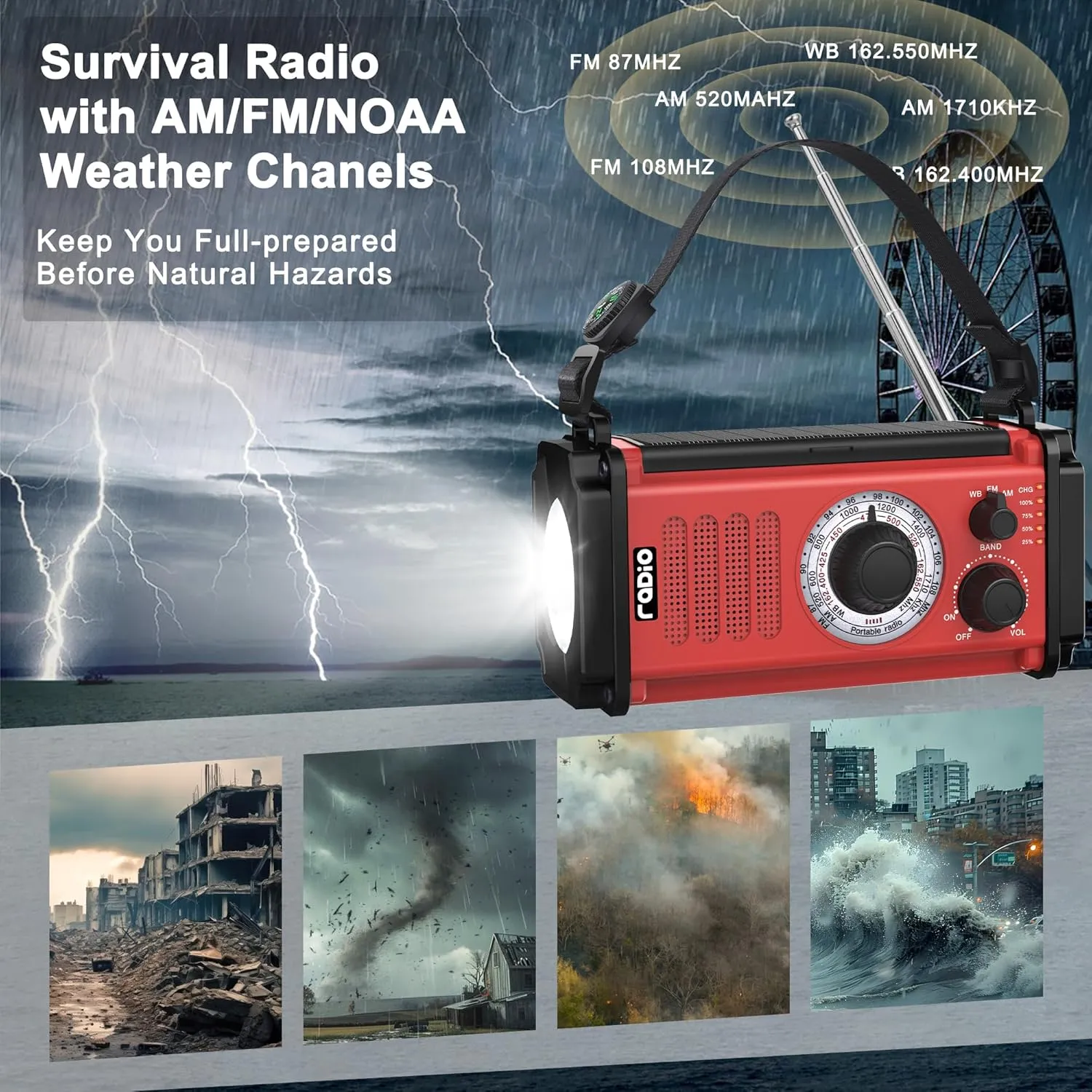 Emergency Crank Weather Radio, Solar Hand Crank Portable AM/FM/NOAA Radio, Survival Radio, 800LM Crank Flashlight & Reading Lamp, Earphone Jack, SOS,Compass for Hurricane Camping Outdoor Emergency Kit