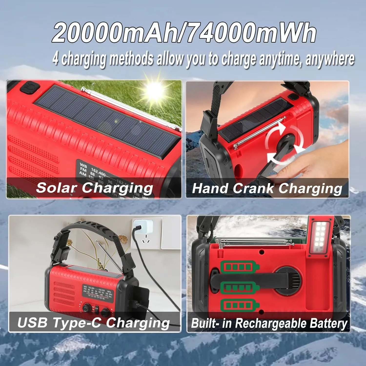 Emergency Hand Crank Radio, NOAA Weather Radio, 20000mAh /74000mWh Solar Radios with AM FM, Portable Flashlight Cell Phone Charger, S0S Alarm& Reading Lamp for Camping Hiking (Red)