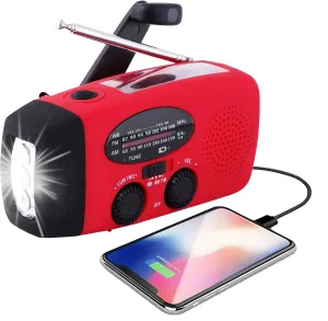 Emergency Hand-Crank Radio – Portable Self-Powered AM/FM/NOAA Weather Radio with Solar & Hand-Crank Charging, LED Flashlight, USB Rechargeable, 2000mAh Power Bank for Cell Phone – Red