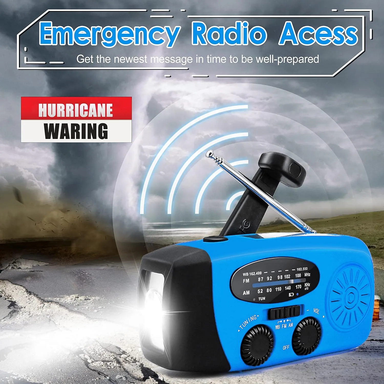 Emergency Hand Crank Radio with LED Flashlight for Emergency, AM/FM Portable Weather Radio with 2000mAh Power Bank Phone Charger, USB Charged & Solar Power for Camping, Emergency(Blue)