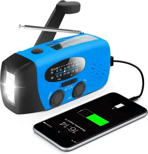 Emergency Hand Crank Radio with LED Flashlight for Emergency, AM/FM Portable Weather Radio with 2000mAh Power Bank Phone Charger, USB Charged & Solar Power for Camping, Emergency(Blue)