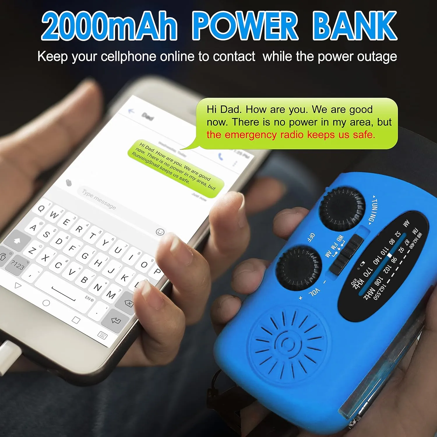 Emergency Hand Crank Radio with LED Flashlight for Emergency, AM/FM Portable Weather Radio with 2000mAh Power Bank Phone Charger, USB Charged & Solar Power for Camping, Emergency(Blue)