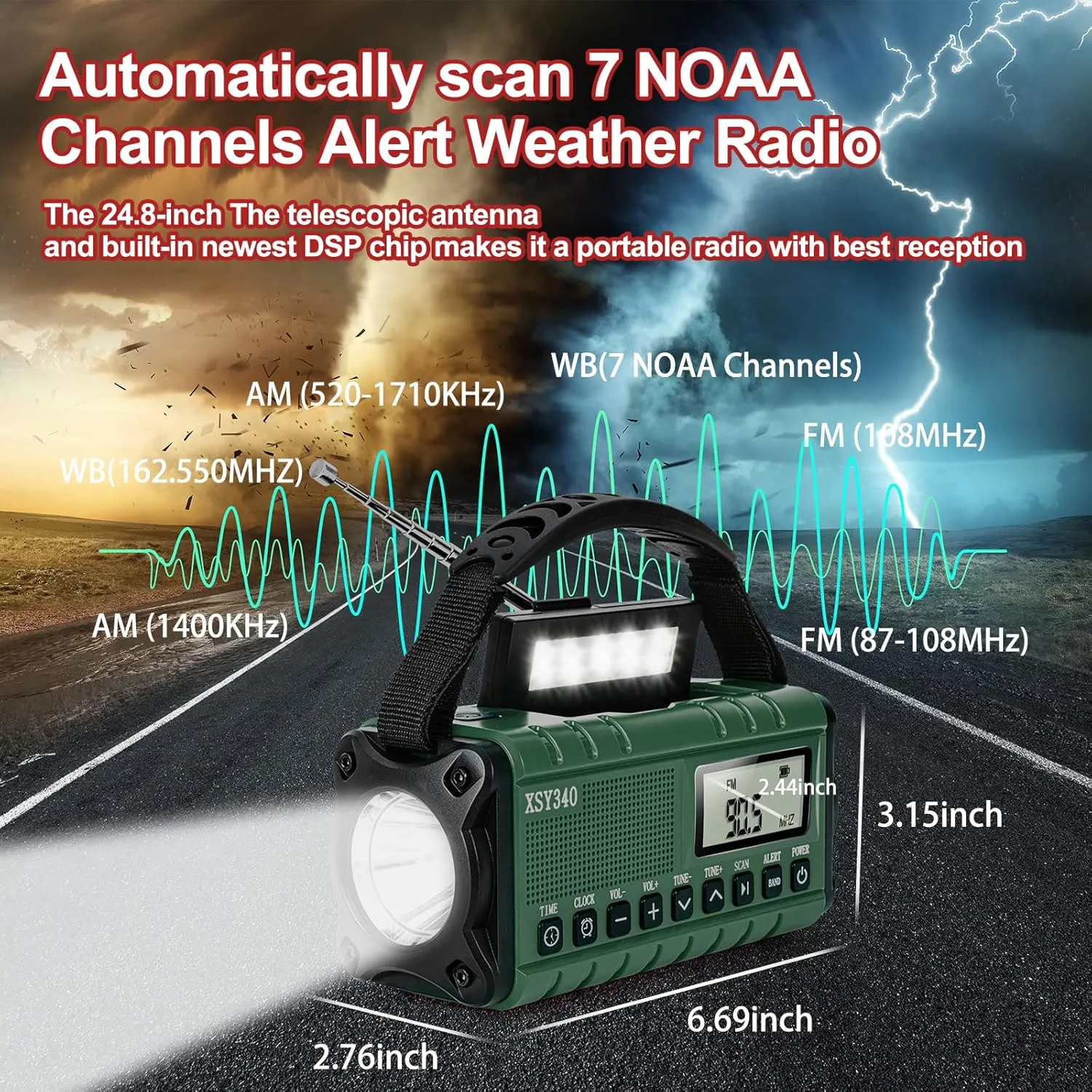 Emergency NOAA Weather Alert Radio, Portable Solar Hand Crank AM/FM Radio for Survival, 10000MAH Rechargeable Battery Powered, USB-C Charger, Clock SOS Alarm & Flashlight, Reading Lamp, for Outdoor