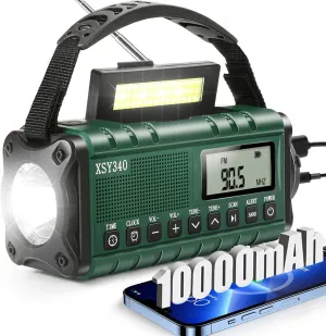 Emergency NOAA Weather Alert Radio, Portable Solar Hand Crank AM/FM Radio for Survival, 10000MAH Rechargeable Battery Powered, USB-C Charger, Clock SOS Alarm & Flashlight, Reading Lamp, for Outdoor