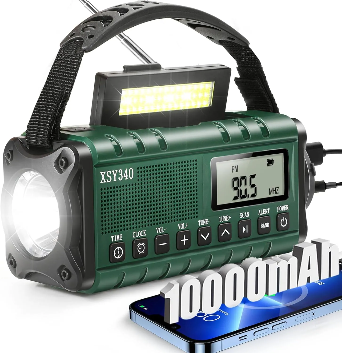 Emergency NOAA Weather Alert Radio, Portable Solar Hand Crank AM/FM Radio for Survival, 10000MAH Rechargeable Battery Powered, USB-C Charger, Clock SOS Alarm & Flashlight, Reading Lamp, for Outdoor