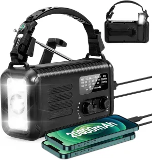 Emergency Radio, 20000mAh/ 74000mWh Weather Radio, AM/FM/NOAA Alert Solar Hand Crank Radio, USB Charging & Rechargeable Battery Powered, Reading Lamp Flashlight & SOS for Emergency/Hurricane (Black)