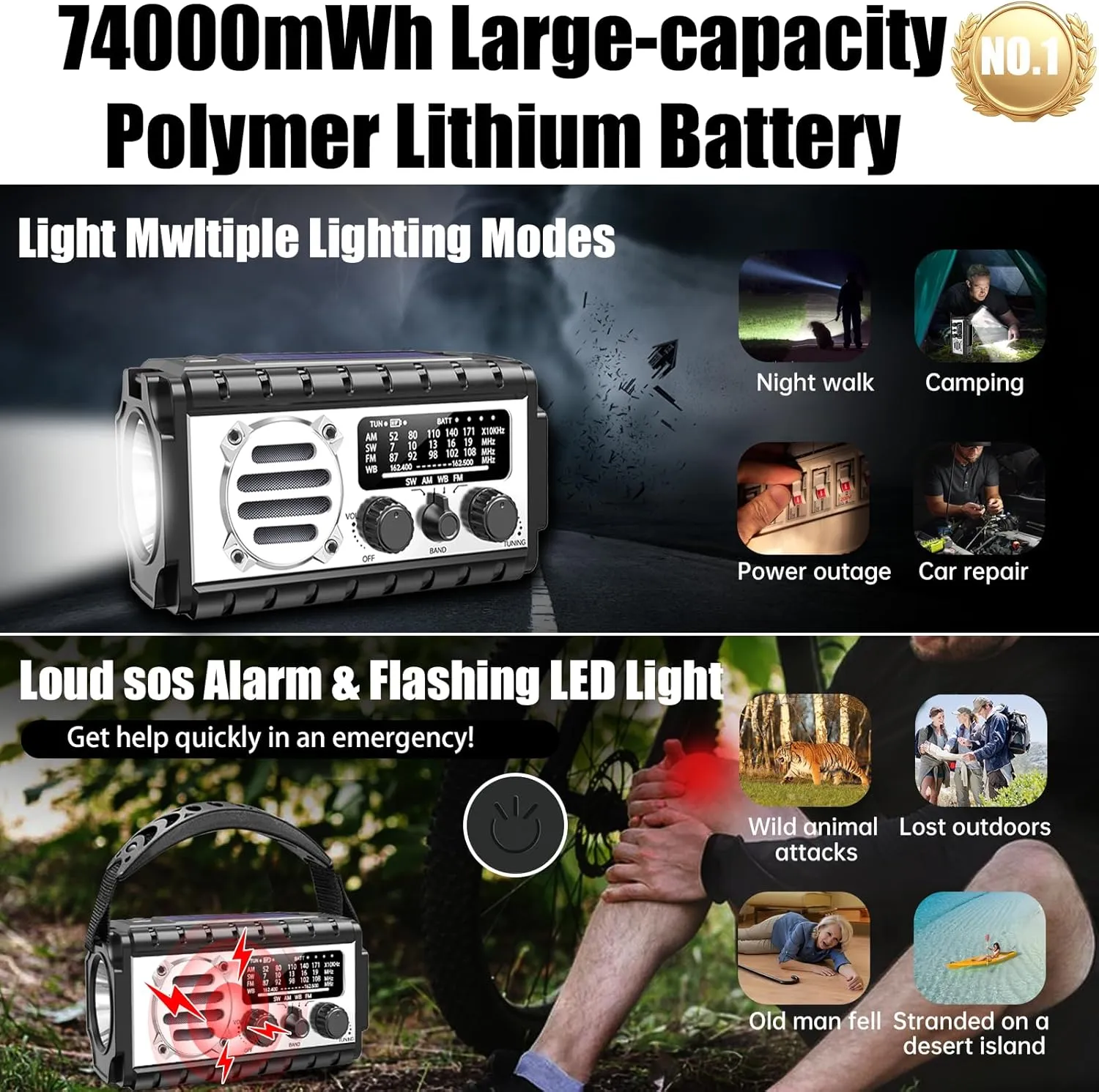 Emergency Radio, 20000mAh/74000mWh Weather Radio, Solar Hand Crank Radio with AM/FM/NOAA/SW Weather,Flashlight & Reading Lamp, SOS Alarm, Phone Charger for Indoor Outdoor Emergency