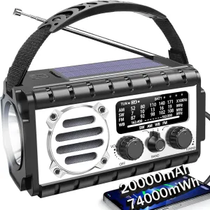 Emergency Radio, 20000mAh/74000mWh Weather Radio, Solar Hand Crank Radio with AM/FM/NOAA/SW Weather,Flashlight & Reading Lamp, SOS Alarm, Phone Charger for Indoor Outdoor Emergency
