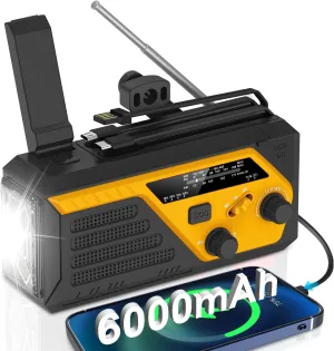 Emergency Radio Hand Crank Radio, 6000mAh AM/FM Weather Radio NOAA Alert with Battery Backup, NOAA Weather Radio with Phone Charger,3 Flashlight Modes,Reading Lamp,SOS Alarm for Emergency,Hurricane