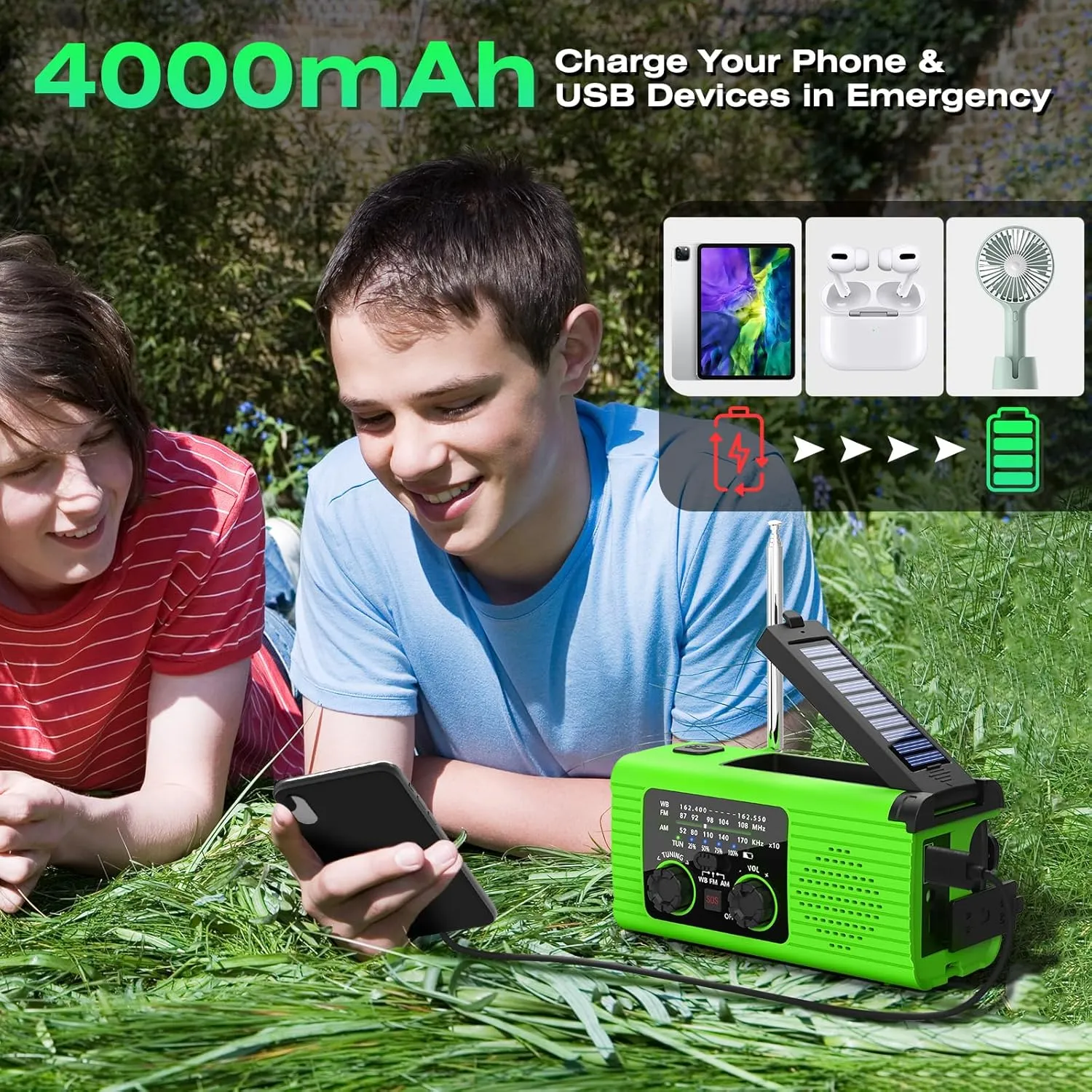 Emergency Radio, Multifunction Solar Charger Hand Crank NOAA Weather AM/FM Radio 4000mAh with USB Charged, Reading Lamp, Flashlight, SOS Alarm, Headphone Jack for Emergencies, 2 Pack
