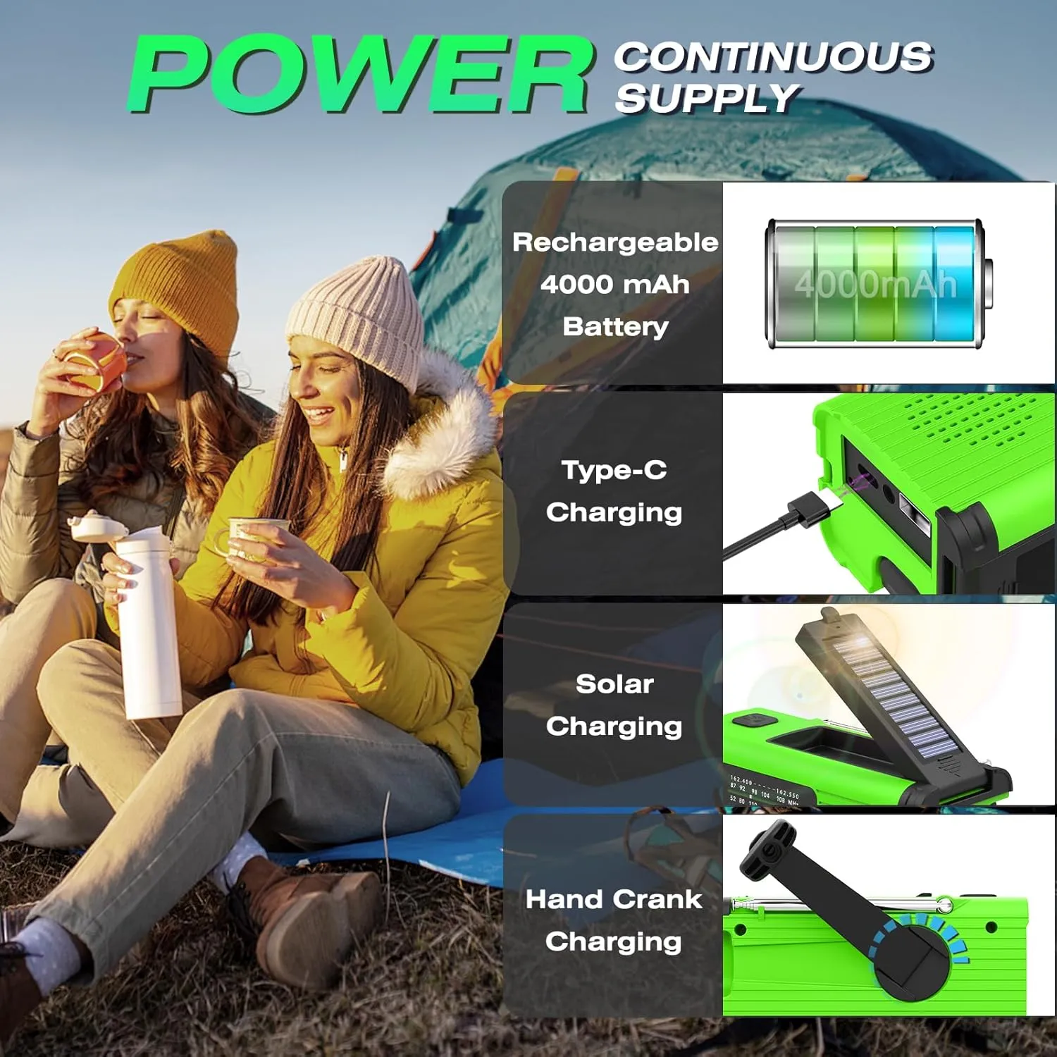 Emergency Radio, Multifunction Solar Charger Hand Crank NOAA Weather AM/FM Radio 4000mAh with USB Charged, Reading Lamp, Flashlight, SOS Alarm, Headphone Jack for Emergencies, 2 Pack