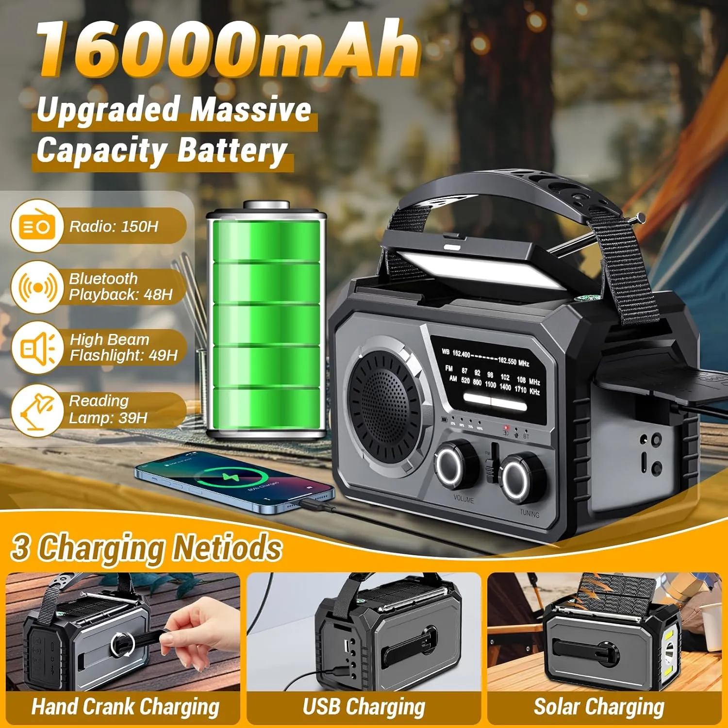 Emergency Radio Solar Crank Battery - 16000mAh/59200mWh Portable Survival Weather Radio AM FM NOAA Powered Phone Charger with LED Flashlight, Reading Lamp, SOS Alarm, Headphone Jack, Grey