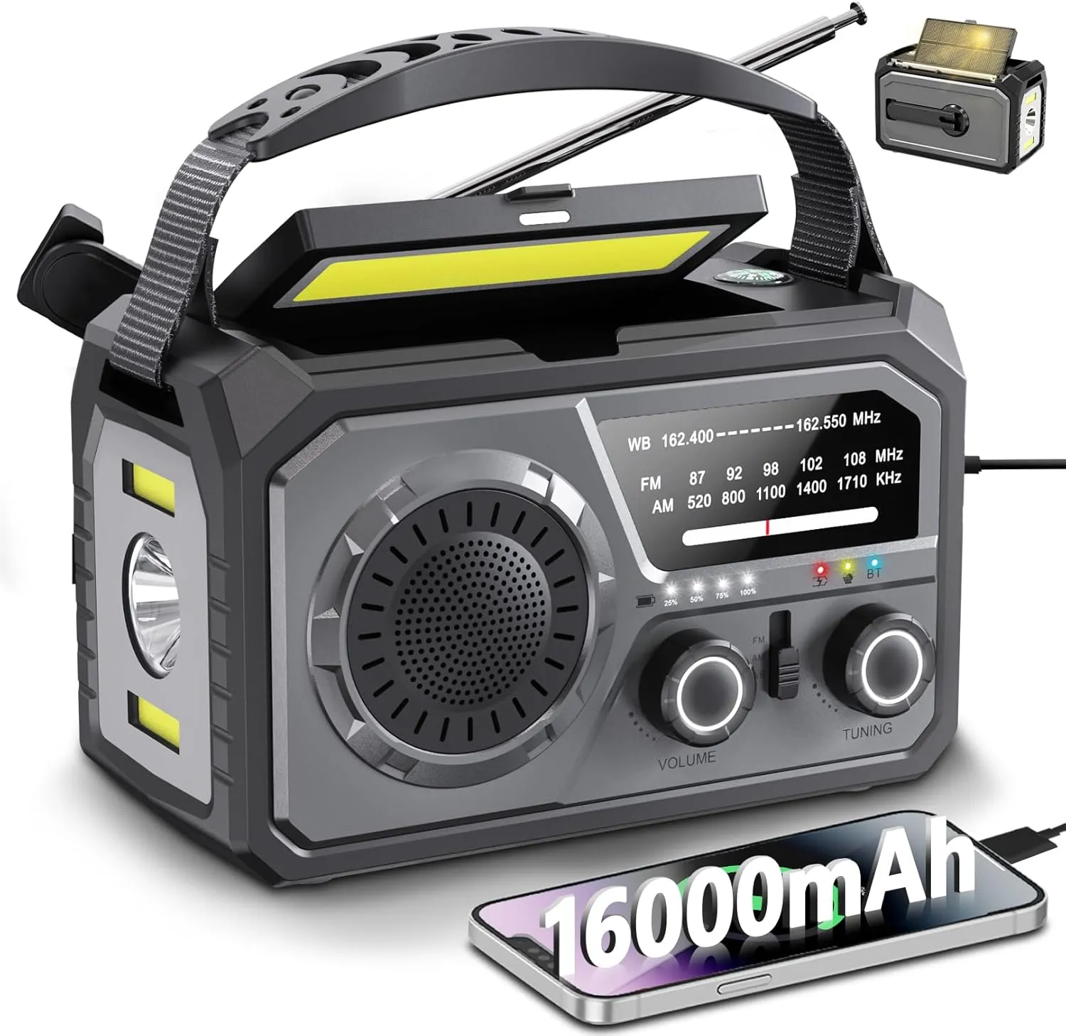 Emergency Radio Solar Crank Battery - 16000mAh/59200mWh Portable Survival Weather Radio AM FM NOAA Powered Phone Charger with LED Flashlight, Reading Lamp, SOS Alarm, Headphone Jack, Grey