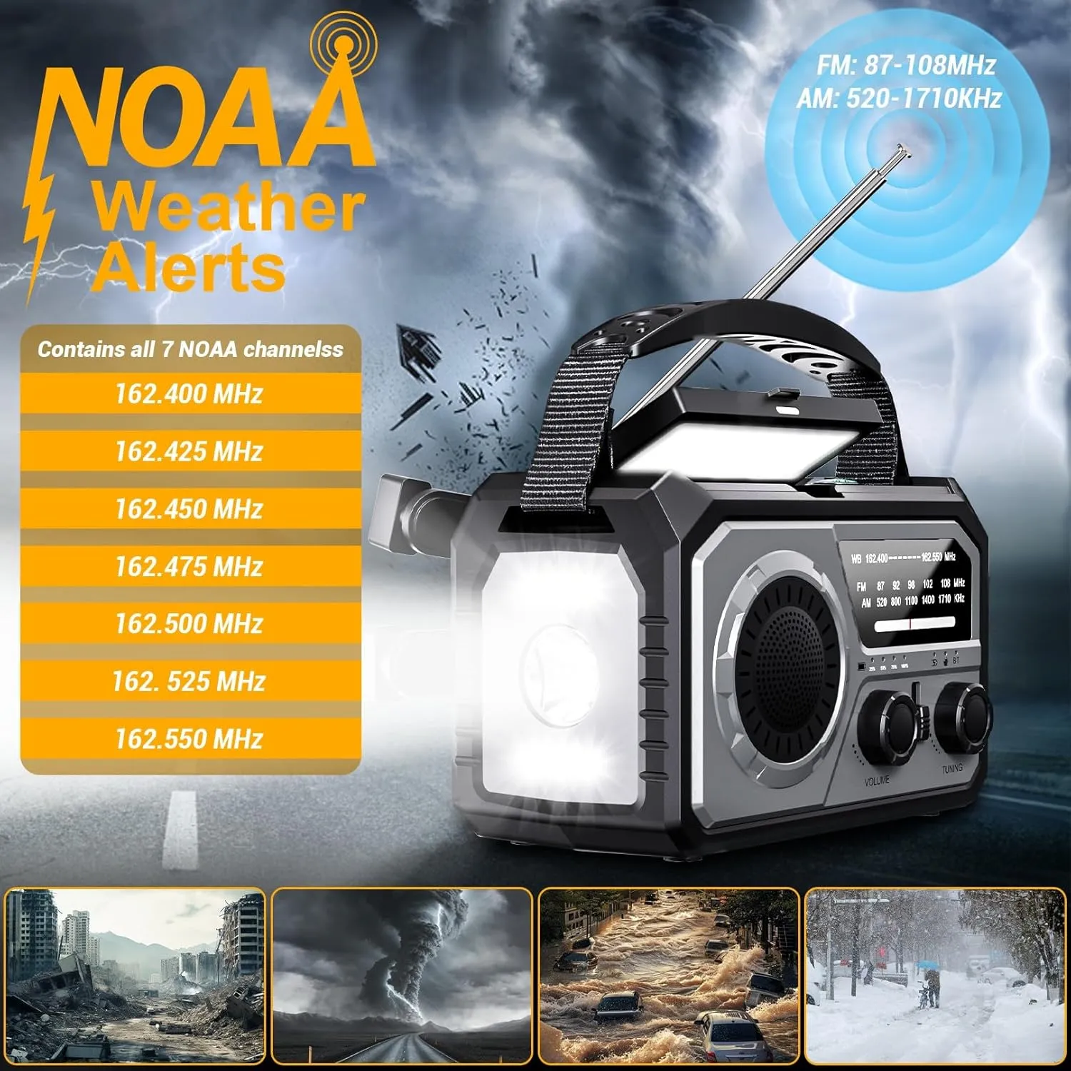 Emergency Radio Solar Crank Battery - 16000mAh/59200mWh Portable Survival Weather Radio AM FM NOAA Powered Phone Charger with LED Flashlight, Reading Lamp, SOS Alarm, Headphone Jack, Grey