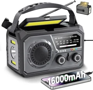Emergency Radio Solar Crank Battery - 16000mAh/59200mWh Portable Survival Weather Radio AM FM NOAA Powered Phone Charger with LED Flashlight, Reading Lamp, SOS Alarm, Headphone Jack, Grey