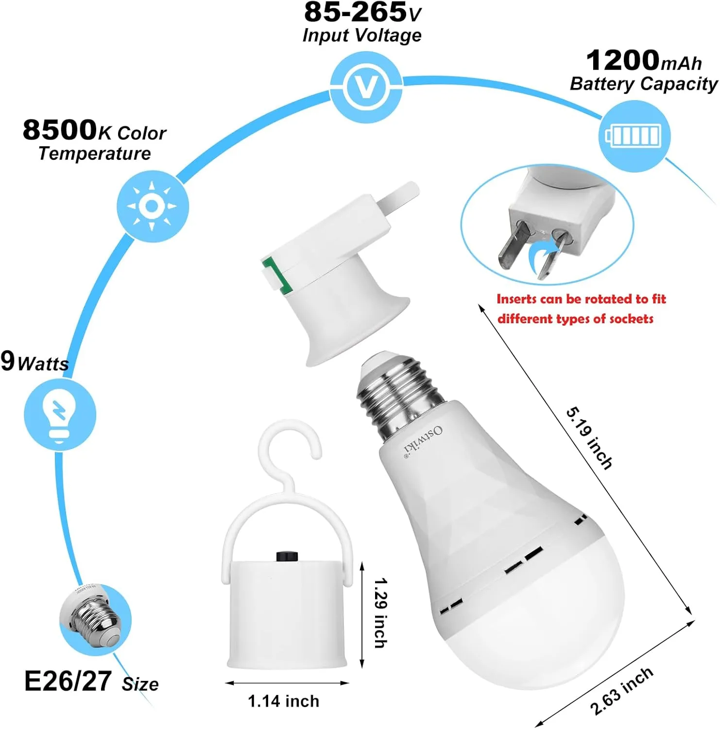 Emergency Rechargeable Light Bulbs,6 Pack Battery Operated Backup Light Bulb for Power Outage Camping Outdoor Hurricane 9W E27 8500K 1200mAh White Equivalent Self-Charging LED Light Bulbs