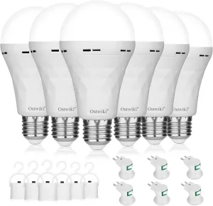 Emergency Rechargeable Light Bulbs,6 Pack Battery Operated Backup Light Bulb for Power Outage Camping Outdoor Hurricane 9W E27 8500K 1200mAh White Equivalent Self-Charging LED Light Bulbs