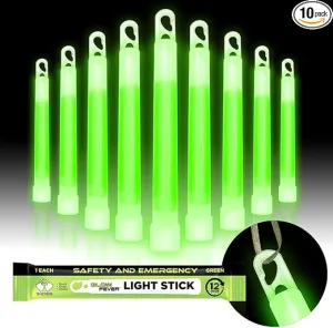 Emergency Safety Military Grade Glow Sticks, 10pcs, 6'' Ultra Bright Glow Sticks with 12 Hours Duration. Great for Hiking, Party, Camping, Blackouts, Hurricane, First Aid and Survival Kits (Green)