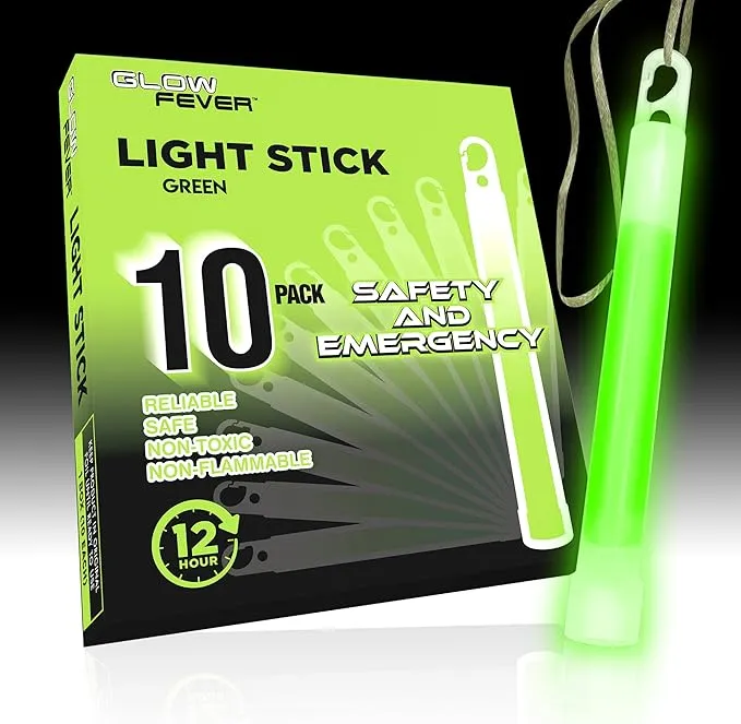 Emergency Safety Military Grade Glow Sticks, 10pcs, 6'' Ultra Bright Glow Sticks with 12 Hours Duration. Great for Hiking, Party, Camping, Blackouts, Hurricane, First Aid and Survival Kits (Green)
