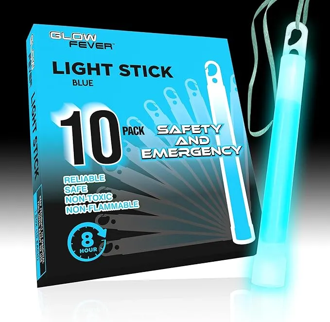 Emergency Safety Military Grade Glowsticks; 10PCS, 6" Ultra Bright Glow Sticks with 8 Hours Duration. Great for Hiking, Party, Camping, Blackouts, Hurricane, First Aid and Survival Kits (Blue)
