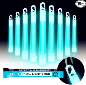 Emergency Safety Military Grade Glowsticks; 10PCS, 6" Ultra Bright Glow Sticks with 8 Hours Duration. Great for Hiking, Party, Camping, Blackouts, Hurricane, First Aid and Survival Kits (Blue)