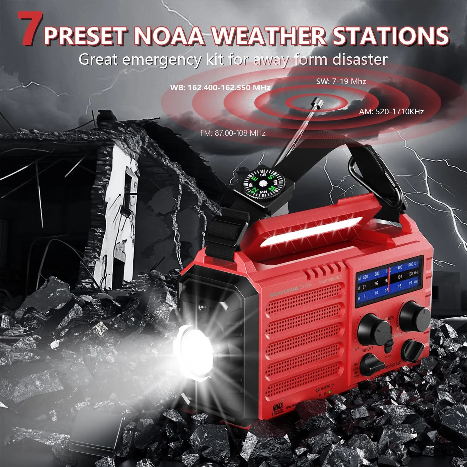 Emergency Solar Hand Crank Radio, AM/FM/SW NOAA Portable Weather Alert Radio, Rechargeable Potrtable Radio, Flashlight, Reading Lamp, Cell Phone Charger, SOS Alarm for Survival Home Outdoor Hurricane