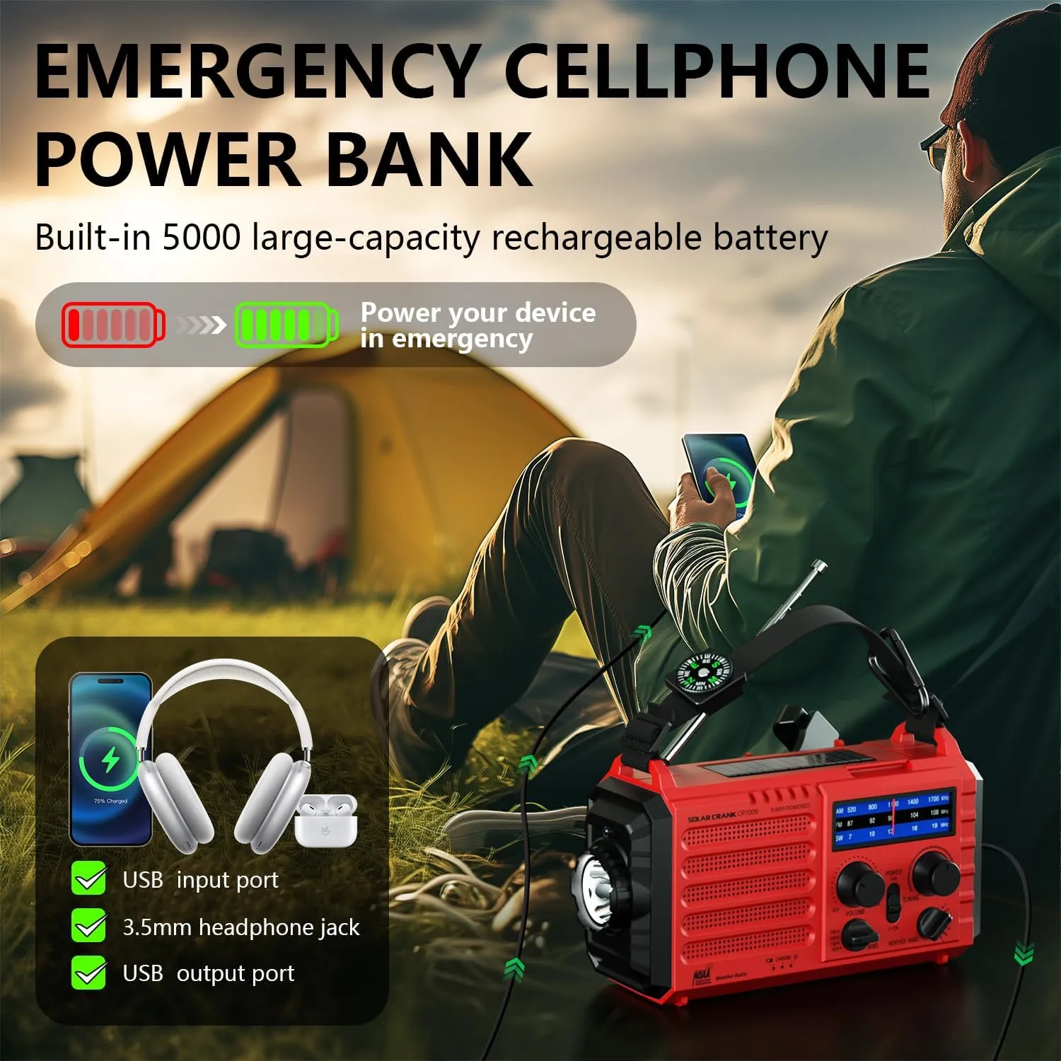 Emergency Solar Hand Crank Radio, AM/FM/SW NOAA Portable Weather Alert Radio, Rechargeable Potrtable Radio, Flashlight, Reading Lamp, Cell Phone Charger, SOS Alarm for Survival Home Outdoor Hurricane