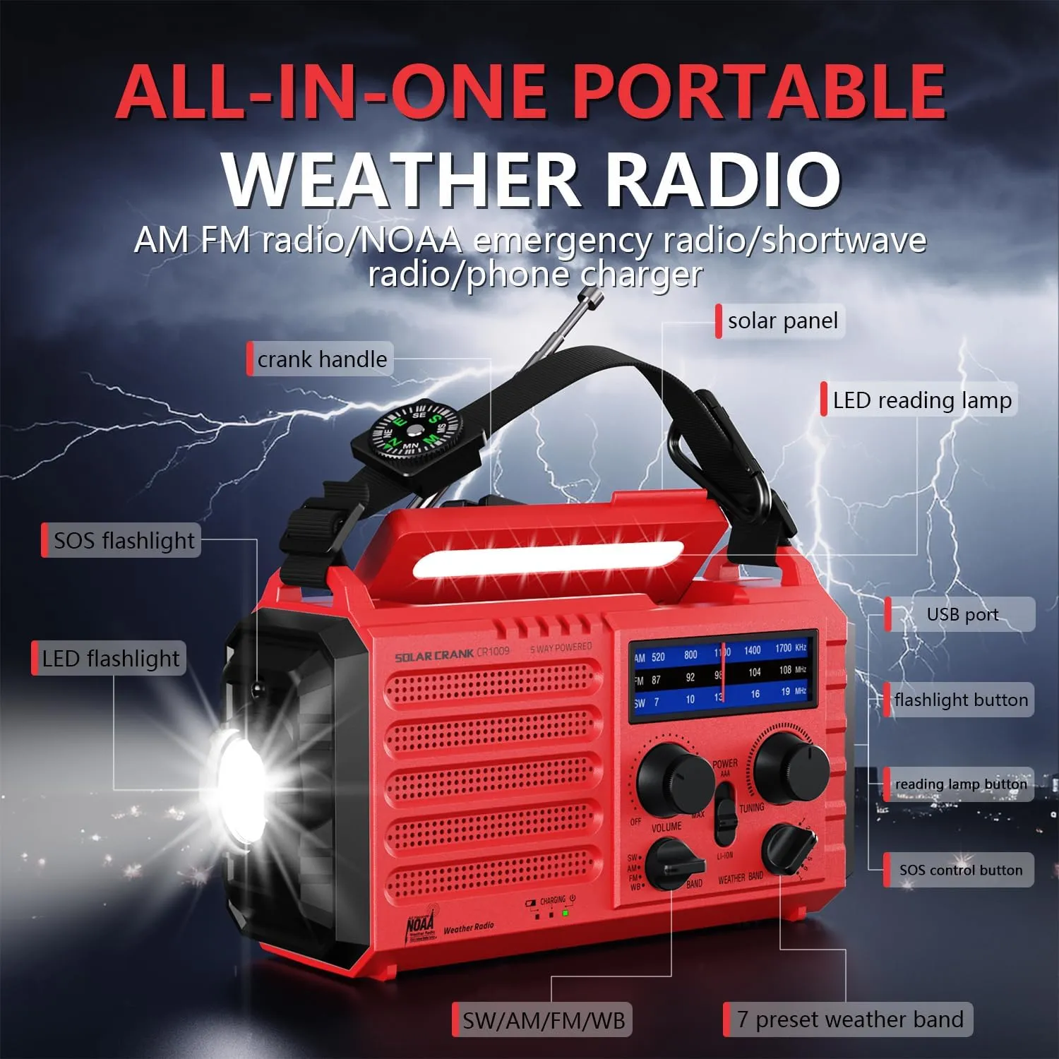 Emergency Solar Hand Crank Radio, AM/FM/SW NOAA Portable Weather Alert Radio, Rechargeable Potrtable Radio, Flashlight, Reading Lamp, Cell Phone Charger, SOS Alarm for Survival Home Outdoor Hurricane