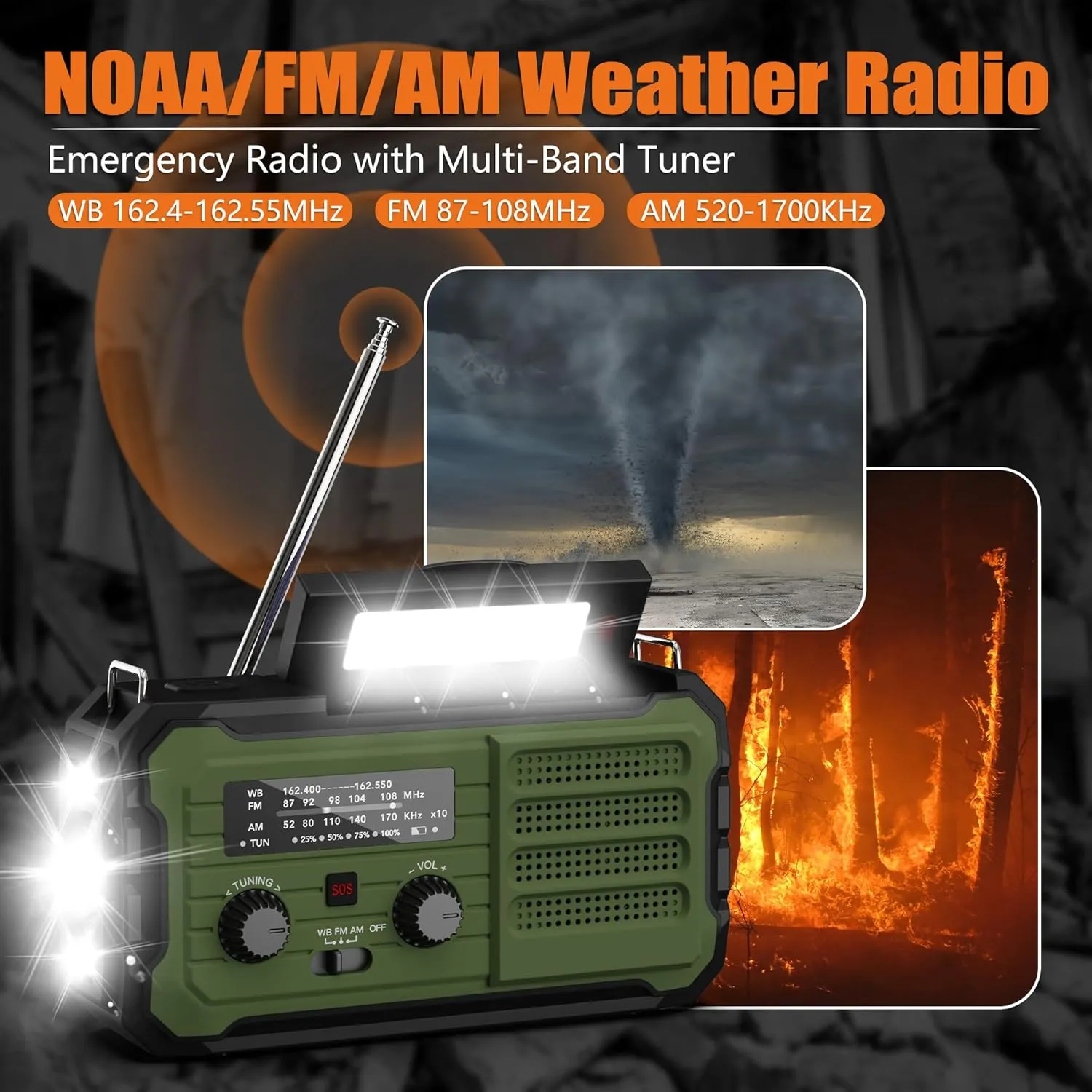 Emergency Weather Radio, 10000mAh Hand Crank Radio for Survival, AM/FM/NOAA Emergency Weather Alert Radios with Solar Charging, Hand Crank, USB Charged, Flashlight, SOS Alarm for Indoor Outdoor