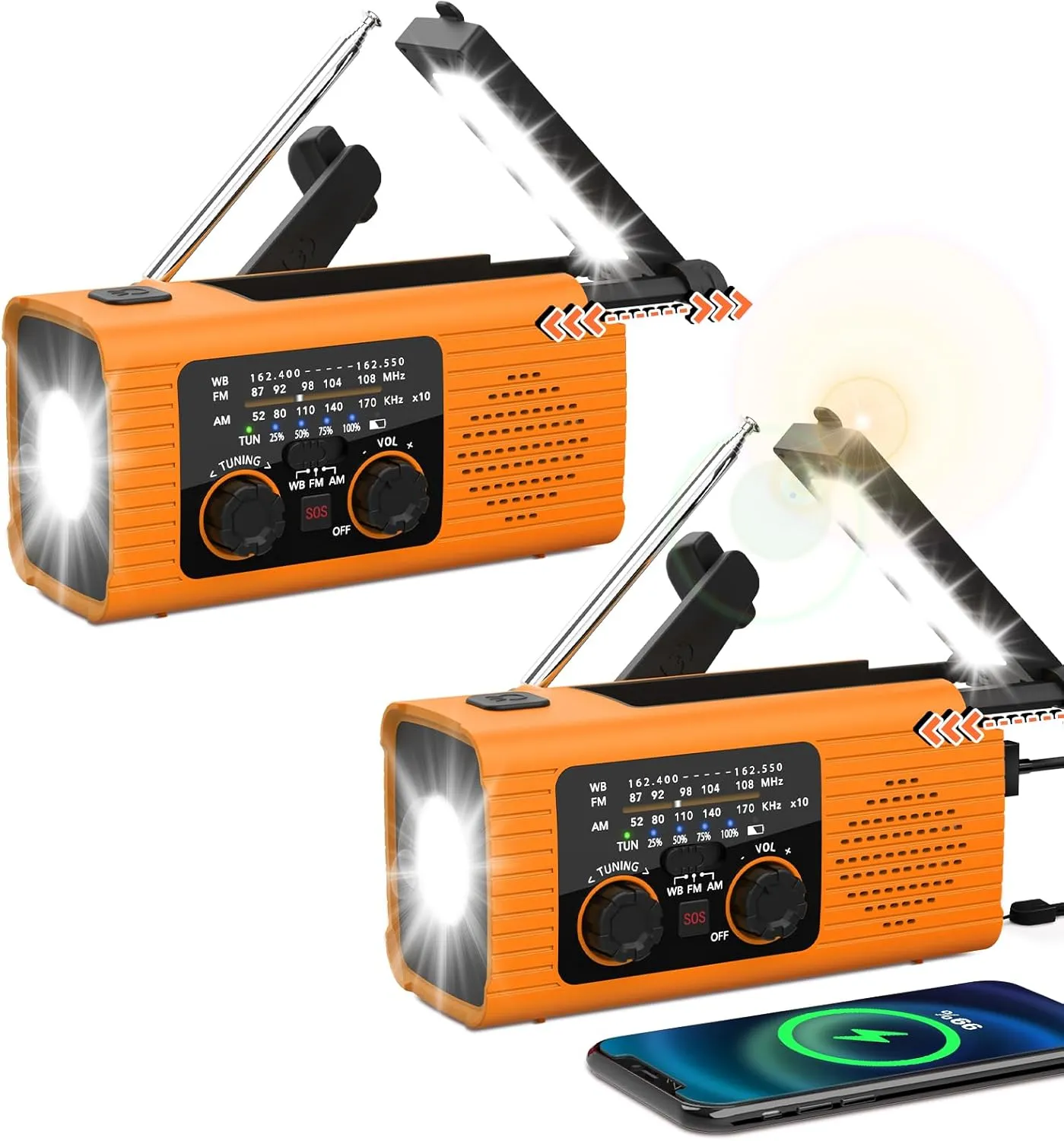 Emergency Weather Radio NOAA/AM/FM with 4000mAh Rechargeable, USB/Solar/Hand Crank Charging, LED Flashlight, Lamp, SOS Alarm, Radios for Outdoor Indoor Hurricane Survival Essentials, 2 Pack