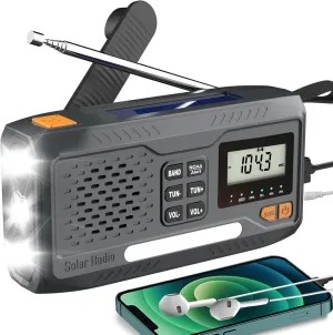 Emergency Weather Radio, Solar Hand Crank Radio with AM/FM/NOAA, 7400mWh Radios Flashlight Cell Phone Charger with Digital Display, & Headphone Jack, SOS Alarm, Battery Compartment for Indoor/Outdoor
