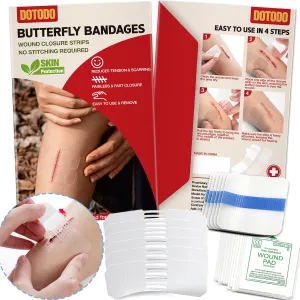 Emergency Wound Closure Strips - HSA/FSA Eligible - Dotodo 6PCS Laceration Closure Kit - Sutures Butterfly Bandaids | Stretchable & Shrinks Back to Close The Cut