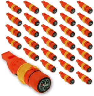 Emergency Zone 5 in 1 Survival Whistle. Compass, Whistle, Water-Resistant Container, Signal Mirror, Ferro Rod. Available in 1, 3, 30, and 300 Pack.