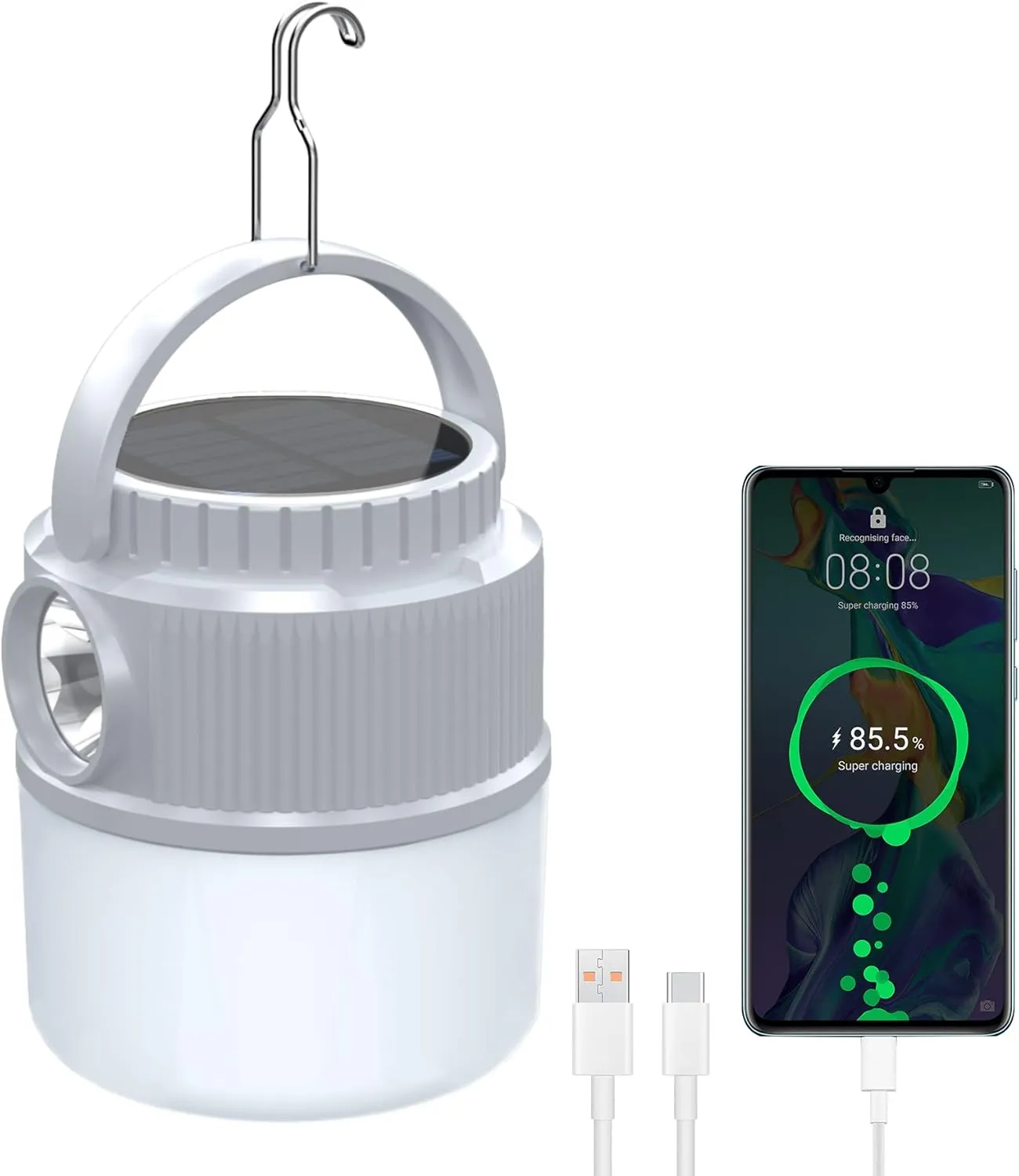 emie LED Camping Light Tent Lantern, Solar Rechargeable Flashlight , 4 Modes Portable Lantern for Camping, Hiking, Working, Fishing, Dog Walking, Shelters, Outdoor Activities and Emergency Lighting
