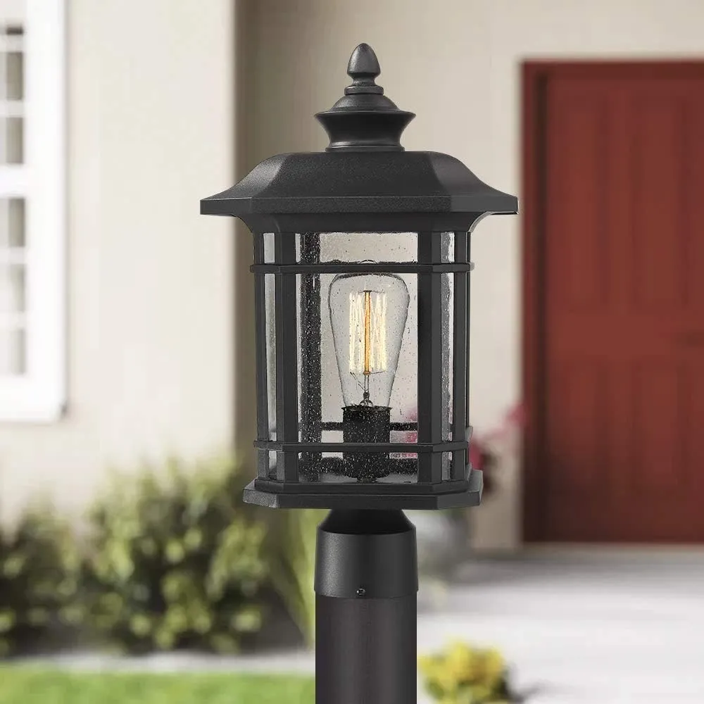 Emliviar Outdoor Post Lighting Fixture 17 inch, 1-Light Exterior Post Light in Black Finish with Seeded Glass, A2202110P1