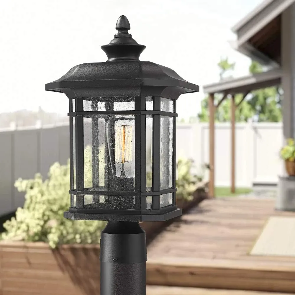 Emliviar Outdoor Post Lighting Fixture 17 inch, 1-Light Exterior Post Light in Black Finish with Seeded Glass, A2202110P1