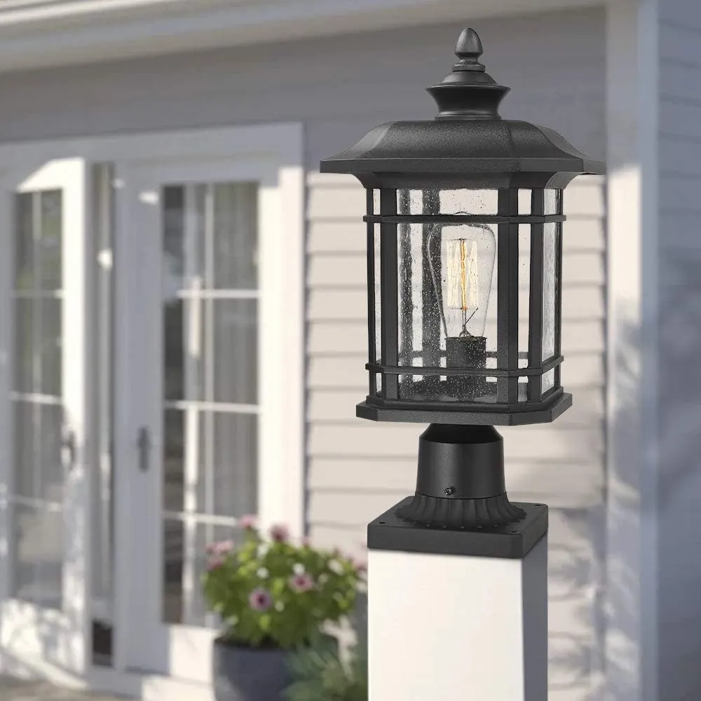 Emliviar Outdoor Post Lighting Fixture 17 inch, 1-Light Exterior Post Light in Black Finish with Seeded Glass, A2202110P1
