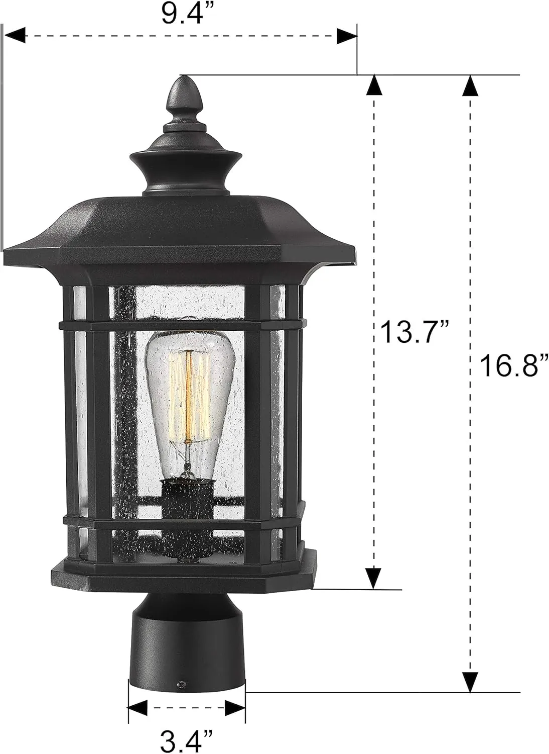 Emliviar Outdoor Post Lighting Fixture 17 inch, 1-Light Exterior Post Light in Black Finish with Seeded Glass, A2202110P1