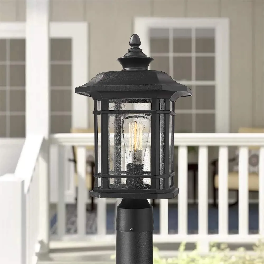 Emliviar Outdoor Post Lighting Fixture 17 inch, 1-Light Exterior Post Light in Black Finish with Seeded Glass, A2202110P1