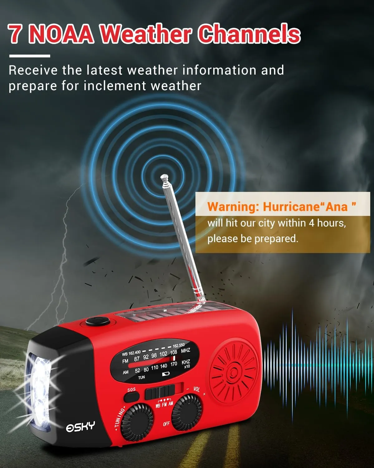 Esky Emergency Hand Crank Radio 7400mWh with 3 LED Flashlight, AM/FM/NOAA Portable Weather Radio with Power Bank Phone Charger, Solar Powered Rechargeable Radio for Indoor Survival Camping, SOS Alarm