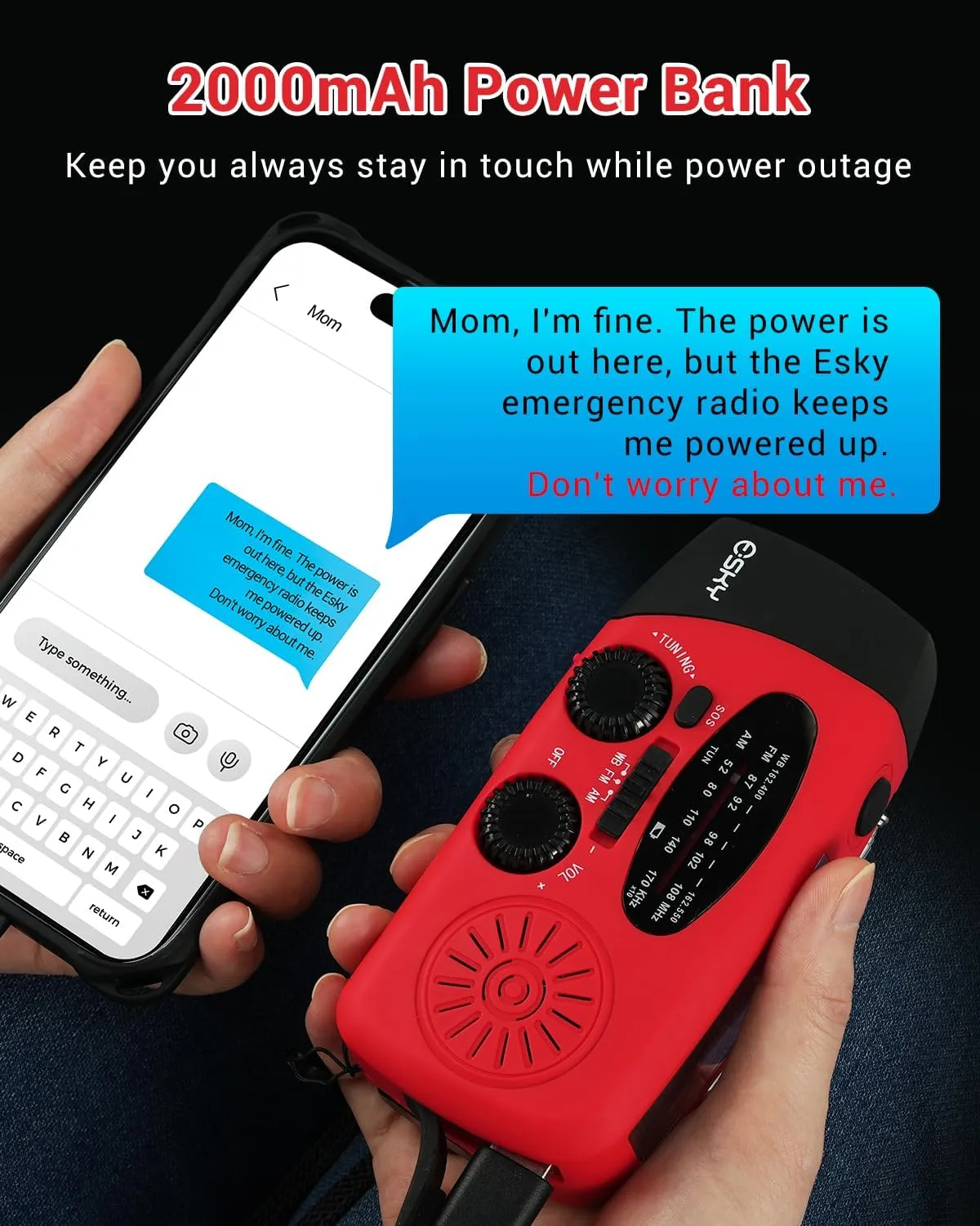 Esky Emergency Hand Crank Radio 7400mWh with 3 LED Flashlight, AM/FM/NOAA Portable Weather Radio with Power Bank Phone Charger, Solar Powered Rechargeable Radio for Indoor Survival Camping, SOS Alarm