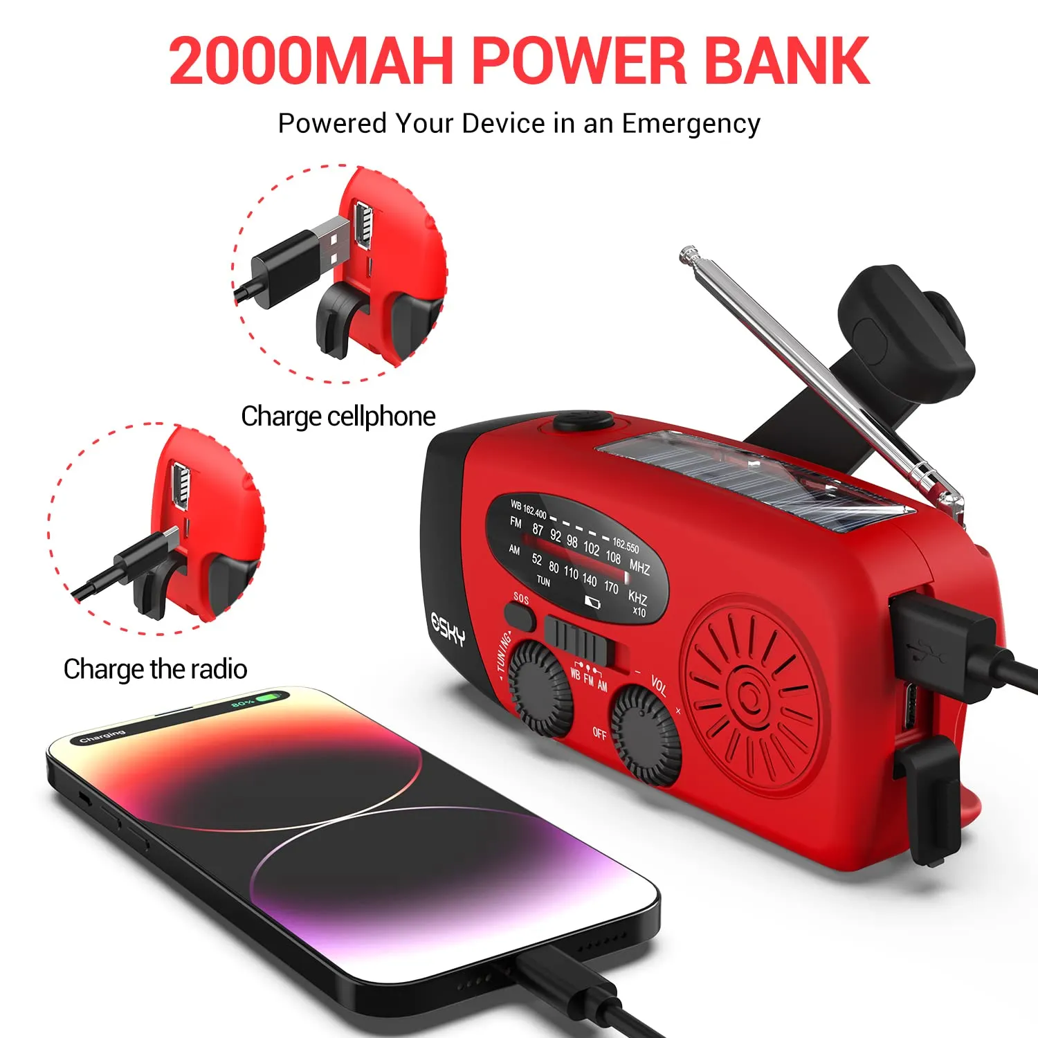 Esky Emergency Hand Crank Radio with 3 LED Flashlight, AM/FM/NOAA Portable Weather Radio with 2000mAh Power Bank Phone Charger, Solar Powered Rechargeable Radio for Indoor Survival Camping, SOS Alarm
