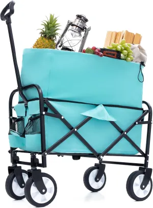 ESPIDOO Foldable Utility Wagon Cart: Heavy-Duty Metal Frame with All-Terrain Wheels & 3-Pcs Plastic Liners for Camping, Beach, Grocery Shopping - Compact & Lightweight Design for Outdoor Enthusiasts