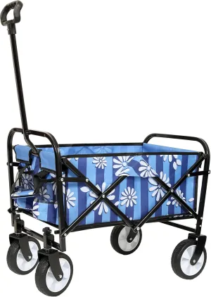 ESPIDOO Foldable Wagon Cart: Heavy-Duty Metal Frame with All-Terrain Wheels for Beach Camping Shopping - Blue Striped Utility Cart Supports 225lbs for Outdoor Families