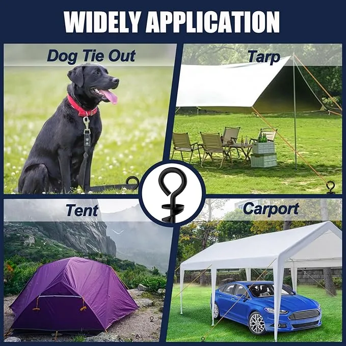 Eurmax USA Canopy Tent Stakes Dog Tie Out Stakes Corkscrew Shape Steel Trampoline Stakes with Iron Rod Installation Tool & 2 Wind Ropes - Set of 2 (Black)